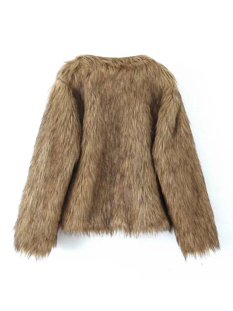 Women's Winter Fur Jacket Coat Retro Plush Women's Warm Short Jacket Long Sleeve Jacket Streetwear