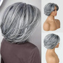 Gray wig shown on a mannequin head with close-up details, Obroi