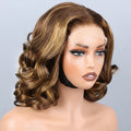 A shoulder-length wavy wig with brown and blonde highlights, styled on a mannequin head against a light gray background. A black neck choker is also shown, with a text overlay reading '#P4/30', Obroi