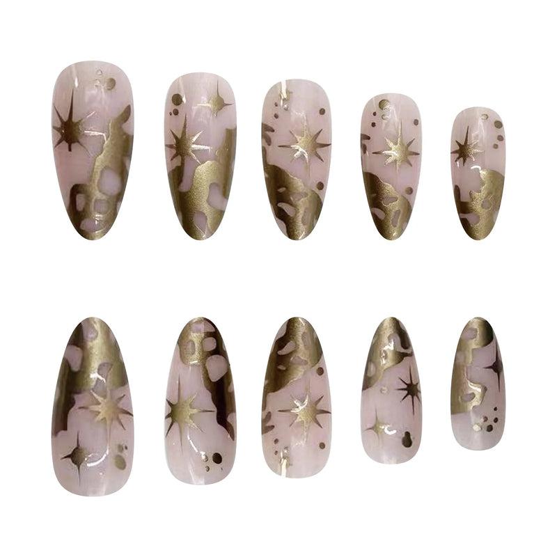 24pcs Gold Baroque False Nails Patch French Gold Star Nail Almond Wearable Girl Press on nail Tips Manicure Sets