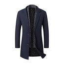 Navy blue coat with patterned lining on a white background, Obroi