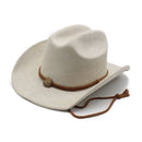 Beige cowboy hat with a brown leather band and decorative buckle on a white background, Obroi