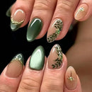 24Pcs Summer Almond Nail with Green French Manicure Tips Gilded Starburst Press on Nails