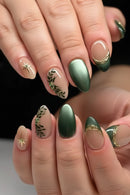 24Pcs Summer Almond Nail with Green French Manicure Tips Gilded Starburst Press on Nails