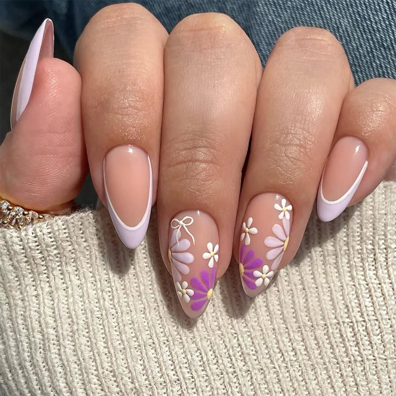 Retro Blue Simple Flowers Press on Nails for Women
