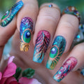 Nails with peacock feather design and glittery finish, held against a blurred floral background, Obroi