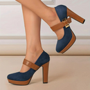 Women's Retro Style Round Toe High Heeled Pumps Buckle Platform Block Heel Shoes Office Lady Comfortable Heels