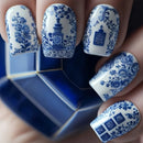 24Pcs/set Mid-length Blue Press on Nail French Square False Nails Art Flower Decoration Wearable