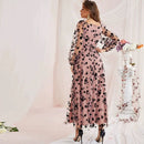 Dress Sen Style Women Dress U-Neck High Waist Mesh Long Sleeve Print Evening Dress Bridesmaid Wedding