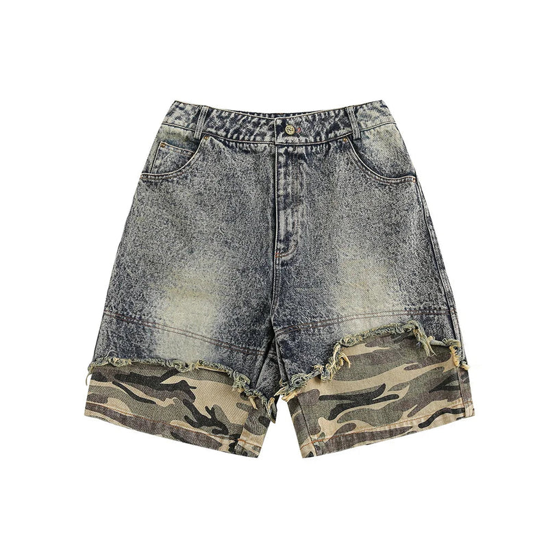 Camouflage Spliced Denim Shorts Men Summer