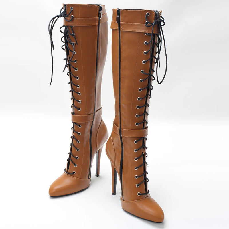 Heel Pointed Toe Lace Up Knee High Boot  Vegan Bondage Corsets Shoes