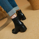 Leather Women Ankle Boots Spring Autumn Heeled Boots Retro Ladies Round Toe Black Zipper Boots