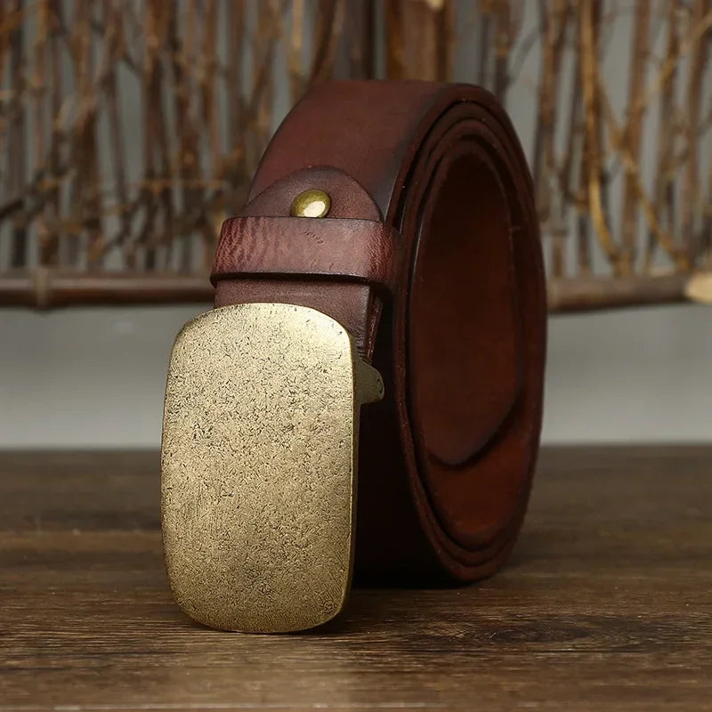 3.7CM Pure Genuine Leather Belts for Men Strap Male Brass Buckle Fancy Jeans Luxury
