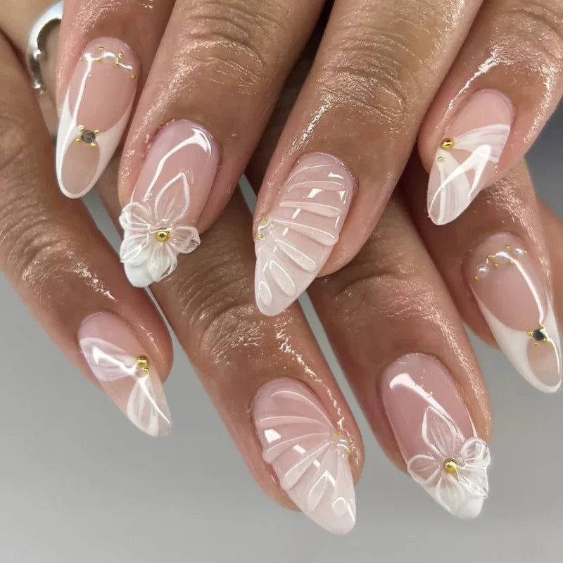 Pink Flowers Metal Bead Wearable Nail Chic Short Almond Press on Nails