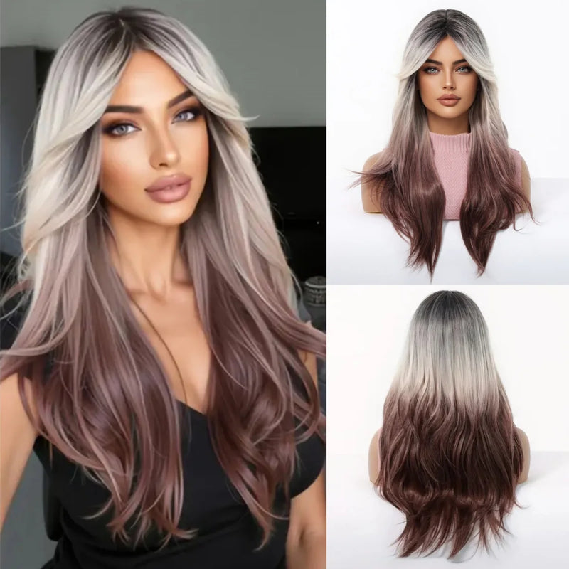 Light Brown Wig with Bangs Long Body Wavy Wigs for Women Heat Resistant Fiber Fake Hair Daily