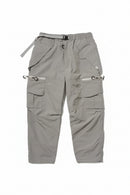Gray cargo pants with multiple pockets and zippers on a white background, Obroi