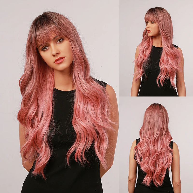 Long Fluffy Wave Blonde Wigs with Bangs Cosplay Natural Ombre Wigs for Women