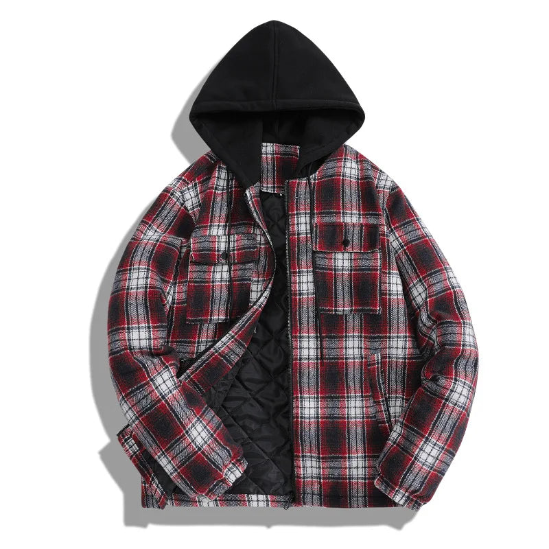 Thick Plaid Shirt Jacket Men's Autumn/Winter Casual Versatile Loose Zipper Hooded Jacket