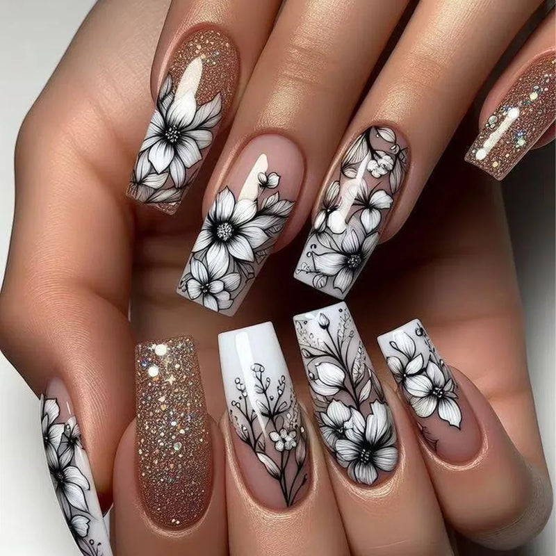 Sweet Nails Butterfly Flower Acrylic Nail Glitter Glossy False Nail Full Cover Autumn Press on Nails Tips