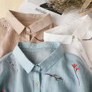 Summer Solid Collar Cotton Three Quarter Shirt Women Vintage Embroidered Loose Casual Puff Sleeve Tops