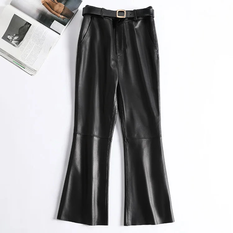 Leather Pants for Women High Waist Flared Pants Style Trousers Belt Black Pants Streetwear