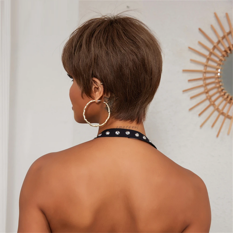 Women Brown Pixie Cut Lace Frontal Wigs Short Straight Layered Bob Wigs with Bangs HD Transparent Lace
