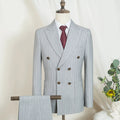 Gray pinstripe suit on a mannequin with a white background, Obroi
