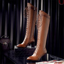 Women's Leather Knee High Boots With Thick Heels Warm Fleece Lining Casual Shoes