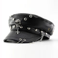 Black leather cap with skull and crossbones design on a white background, Obroi