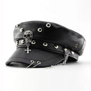 Black leather cap with skull and crossbones design on a white background, Obroi