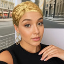 Woman with gold hair and black dress in front of a city street background, Obroi