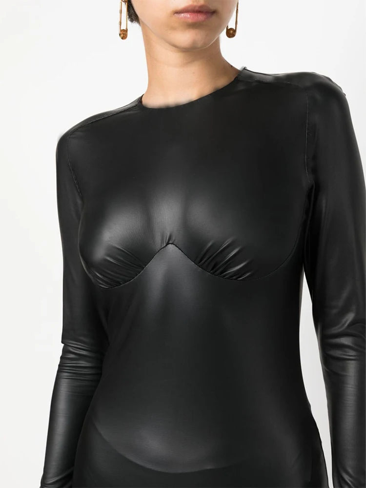 Stretch Matte Leather Dress Women Elegant Back Hem Side Split Bodycon Dress