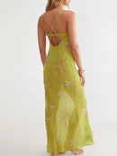 Beach Holiday Dresses Backless Slim A-line Robe Sequin Embroidery Perspective Suspender Women Long Dress
