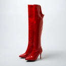 Leather Thigh High Boots Women Thin Stiletto Heel Warm Lady Winter Pointed Toe Zipper Over Knee Boots