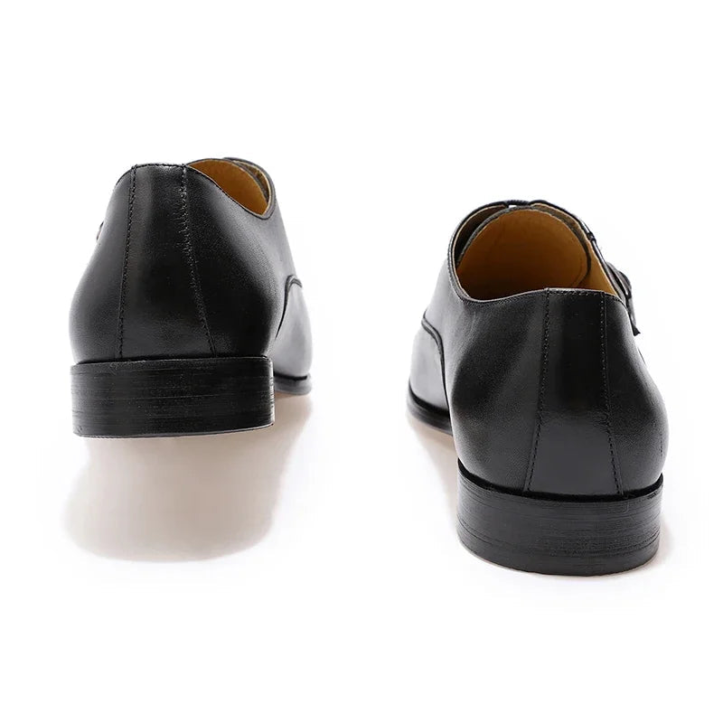 Men Leather Buckle Strap Brogue Oxfords - Black Lace-Up Formal Shoes