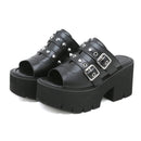 Heels Sandals for Women Open Toe Heels Cute Slip-on Mule Shoes Belt Buckle Black Leather