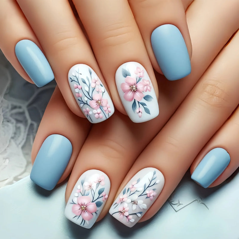 24pcs Short Square Fake Nails Press On Removable False Nails with Pattern Nail Art Elegant