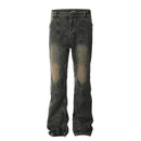 Spliced Denim Flare Pants Mens Washed Distressed Retro Streetwear Loose Jeans Men Trousers
