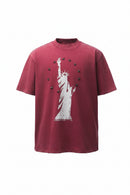 Red t-shirt with white Statue of Liberty graphic on a white background, Obroi