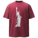 Red t-shirt with white Statue of Liberty graphic on a white background, Obroi