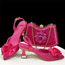 Elegant Green Handbag & Medium Heel Shoe Set with Exquisite Handmade Floral Accents