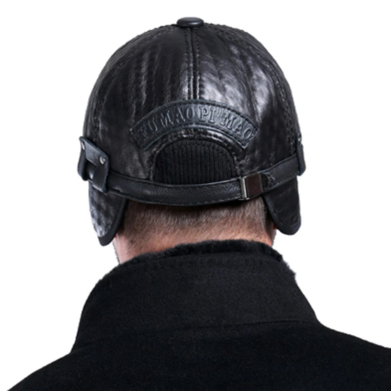 Men Leather Hat Winter Male Casual Embossing Adjustable Baseball Cap