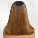 Brown With Blonde Piano Highlights Blunt Bob Wig With Dark Roots Pre Bleached Human Hair Wigs