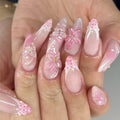 Almond Nail Tips Full Cover Butterfly White Flowers Ornament Finished Nails Cool Sweet for Women