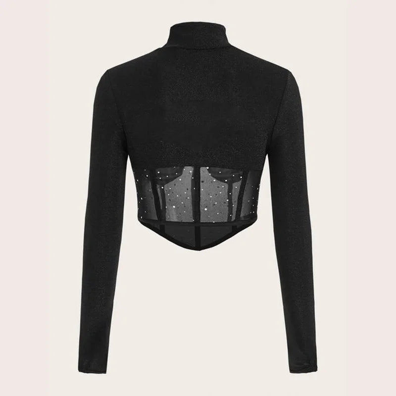 Sexy Mesh Long Sleeve Halter Corset Top Hollow Out Low Cut See Through Slim Fit T-shirts Streetwear Summer