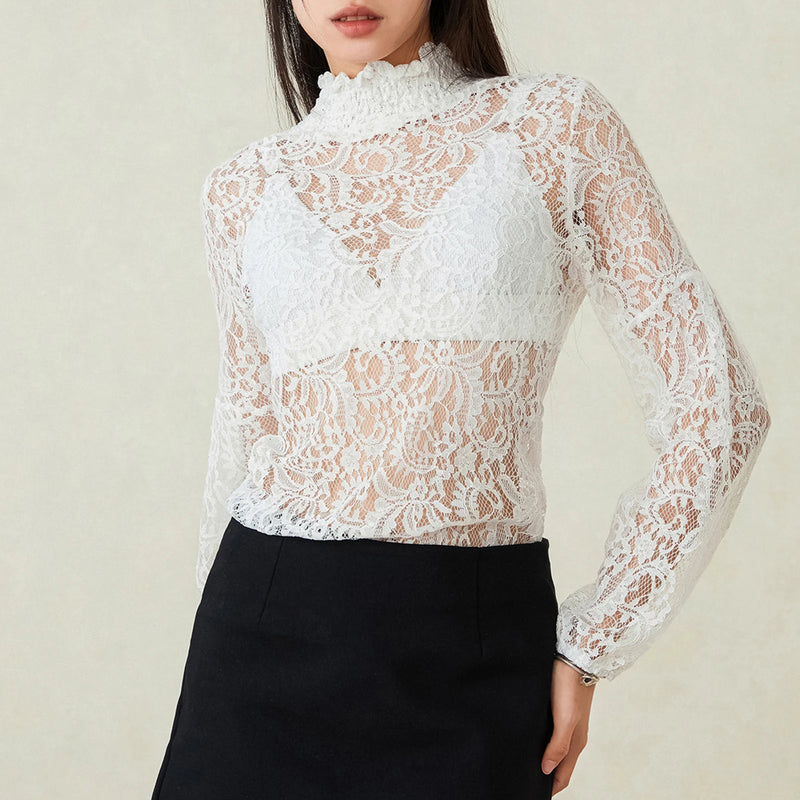 Women Sheer Long Sleeve Top High Neck See Through Floral Lace T Shirt Blouse Going out Top Streetwear