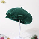 Elegant Dark Green Wool Beret with Large Bow Inspired  Painter Cap for Women Perfec Outfits