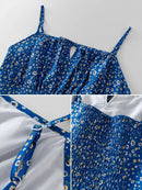Bohemian Blue One-word Collar Suspender Dress Female Summer Seaside Holiday Style Floral Suspender Women