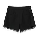 Women Lace Trim High Waist Black Casual Shorts