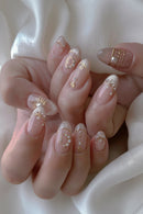 24Pcs Almond Pure Handmade Press On Nails Full Cover Butterfly French Pearl Diamond False Nails Wearable Manicure Nail Tips Art